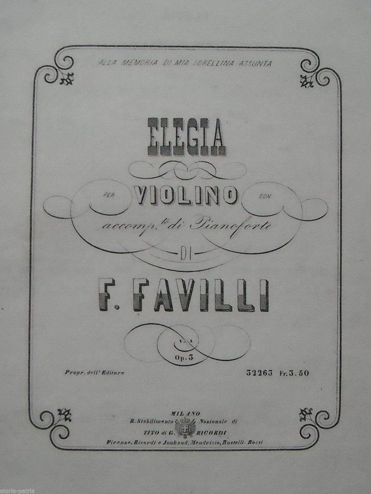 Elegia Per Violino Di Fabio Favilli, Ricordi Milano 1860 Circa