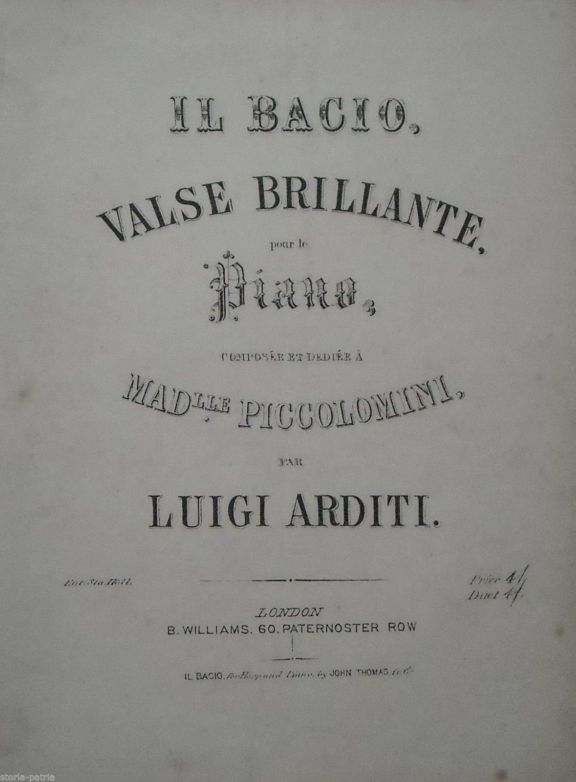 Il Bacio Di Luigi Arditi: Spartito Musicale Antico Per Pianoforte