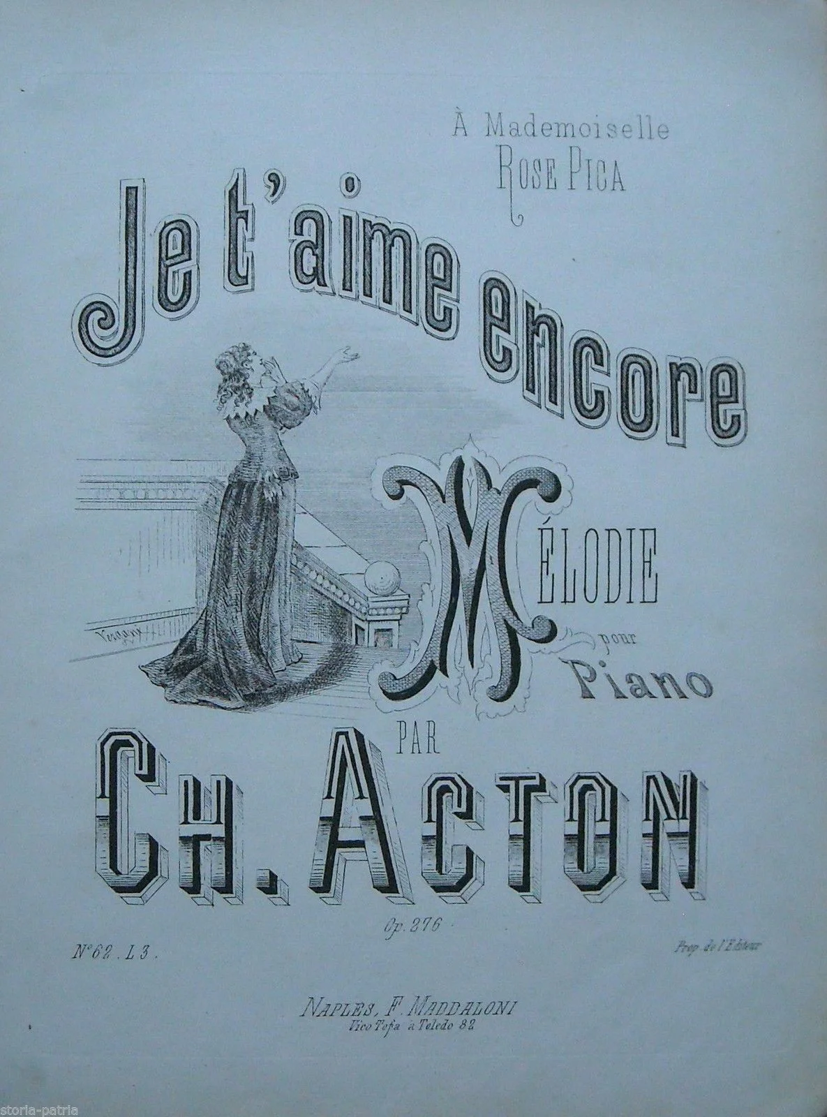 Spartito Antico: Je T'aime Encore di Ch. Acton. Napoli, Maddaloni.