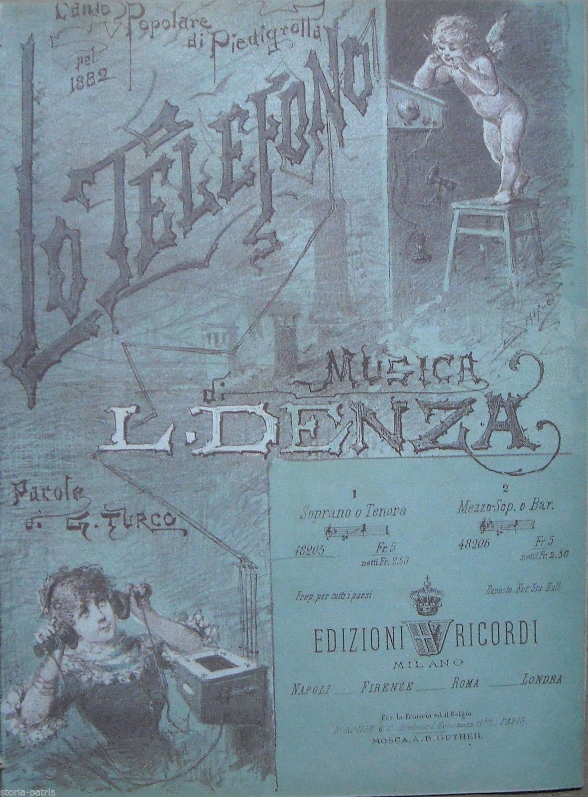 Lo Telefono: Spartito Musicale Napoletano, Denza   Turco, 1882, Ricordi