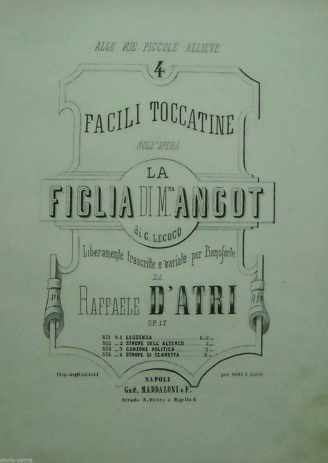 Spartito Musicale Antico Raffaele d'Atri Lecocq Napoli 1800