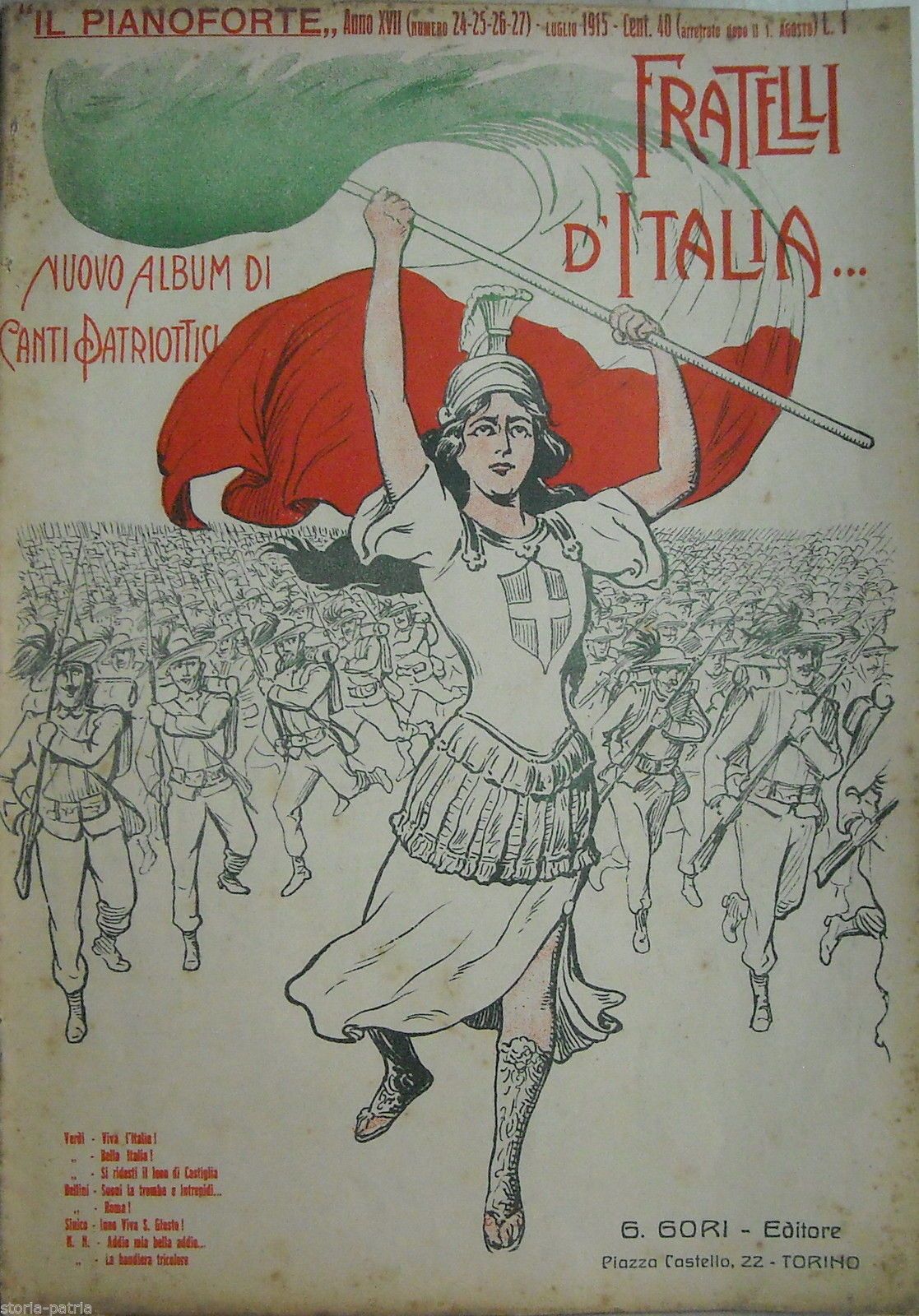 Spartito Canti Patriottici 1915: Verdi, Bellini, Bersaglieri, Torino