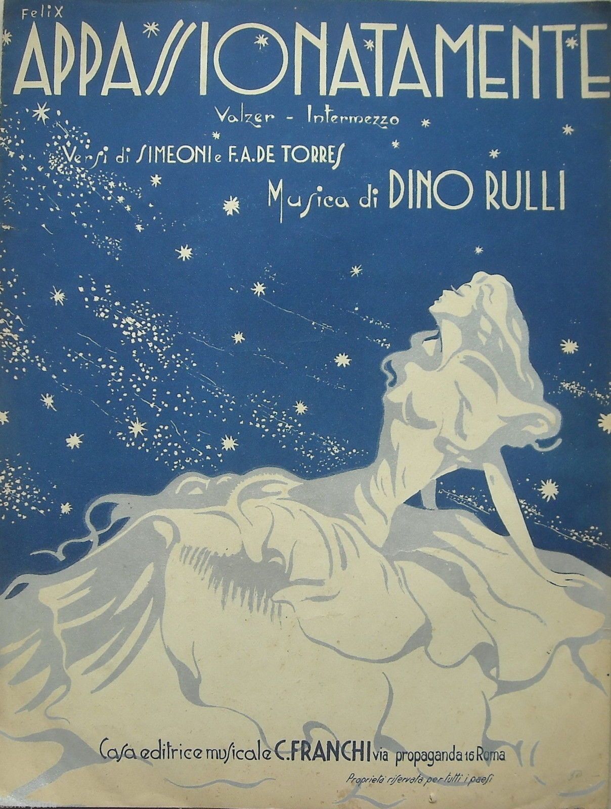 Spartito Appassionatamente Valzer Dino Rulli 1945 Roma Franchi