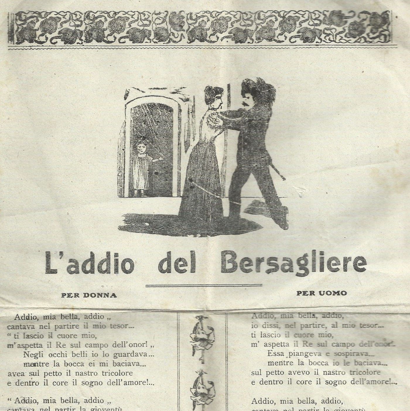 Foglio Volante L'Addio Del Bersagliere: Canzone Patriottica (1900)