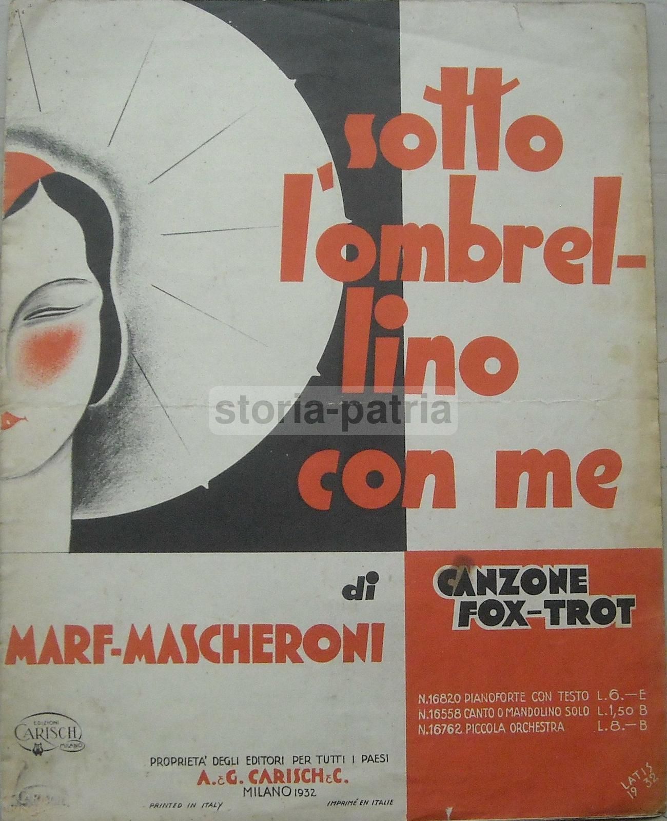 Spartito Sotto L'Ombrellino Con Me: Canzone Fox Trot, 1932. Illustrazione Futurista Di Latis.