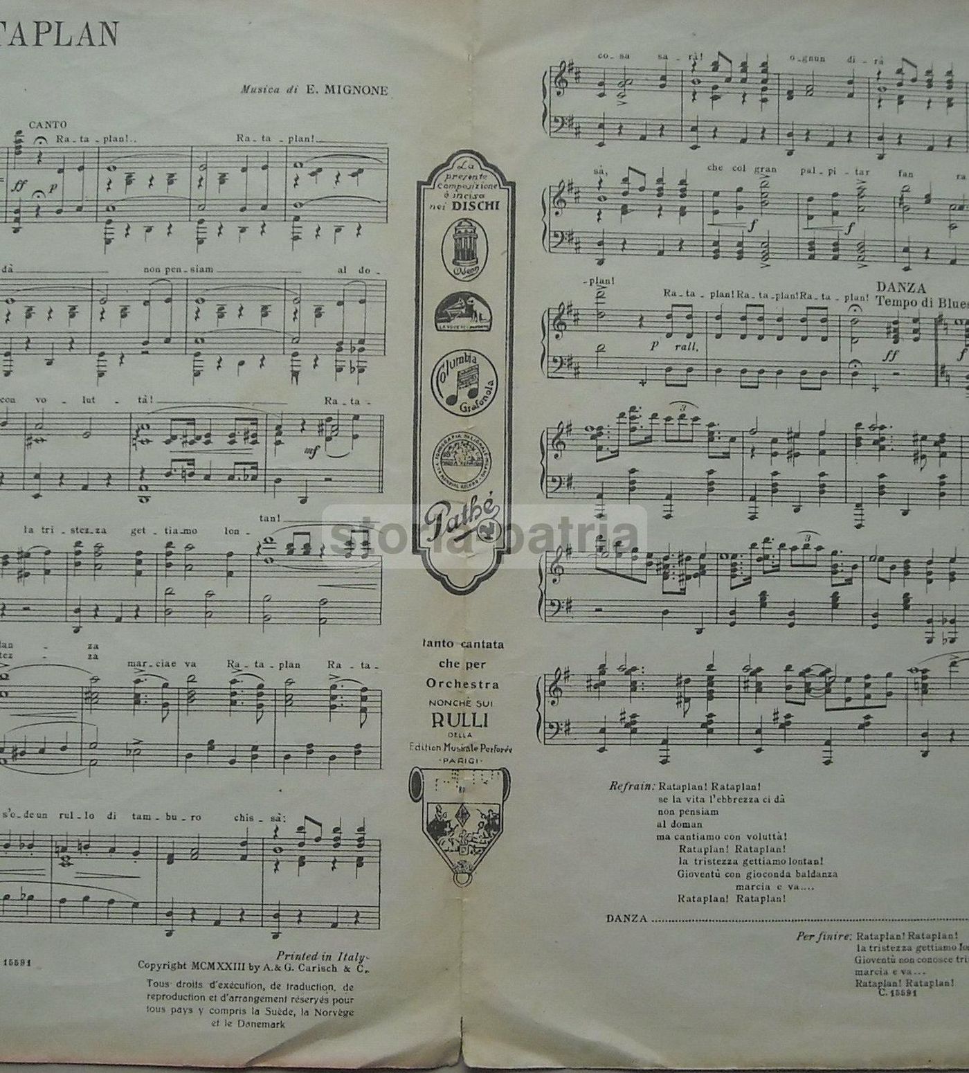 Spartito Rataplan 1928, Mignone, Mendes, Carisch. Illustrazione Futurista.