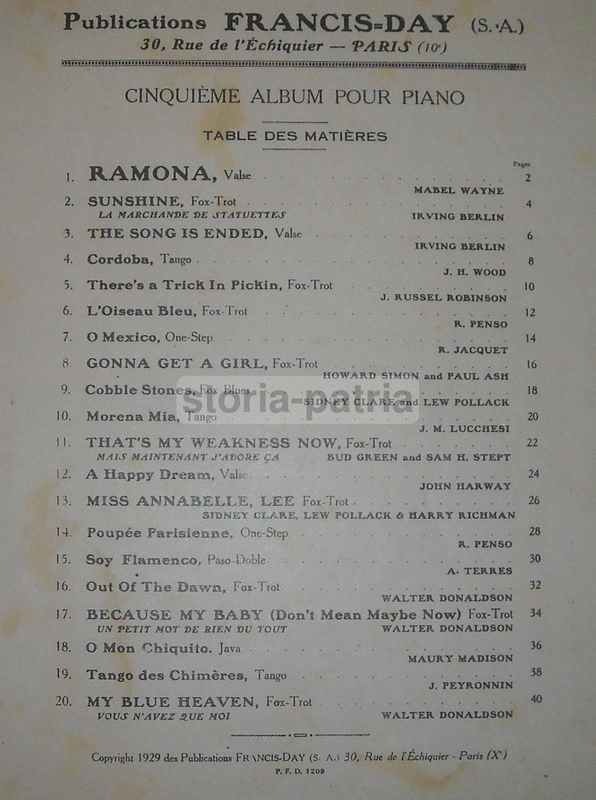 Spartiti Musicali Francis Day 1929: Tango, Jazz E Successi Internazionali