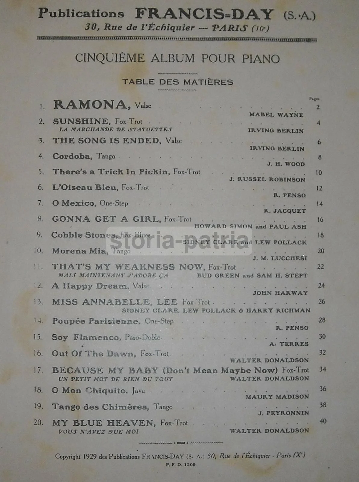 Spartiti Musicali Francis Day 1929: Tango, Jazz e Successi Internazionali