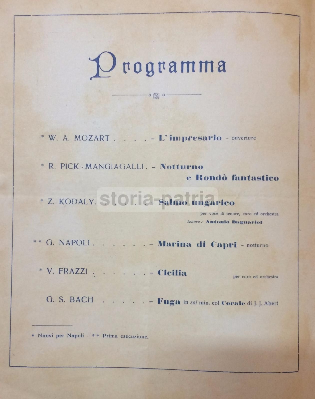 Programma Concerto Sinfonico Napoli 1930 Mozart Bach Kodaly