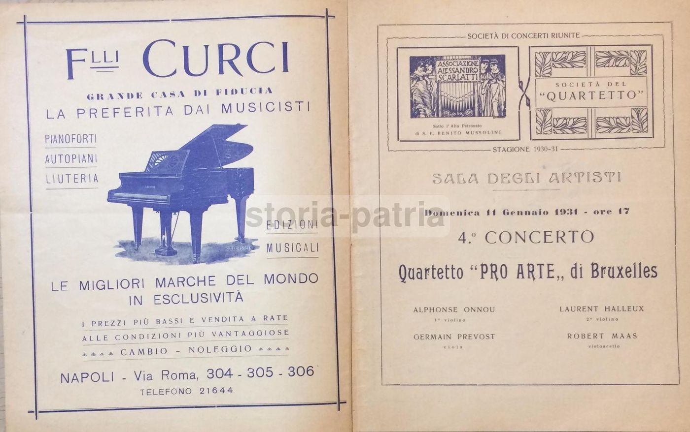 Programma Del Concerto Del Quartetto Pro Arte Di Bruxelles, Napoli, 1931