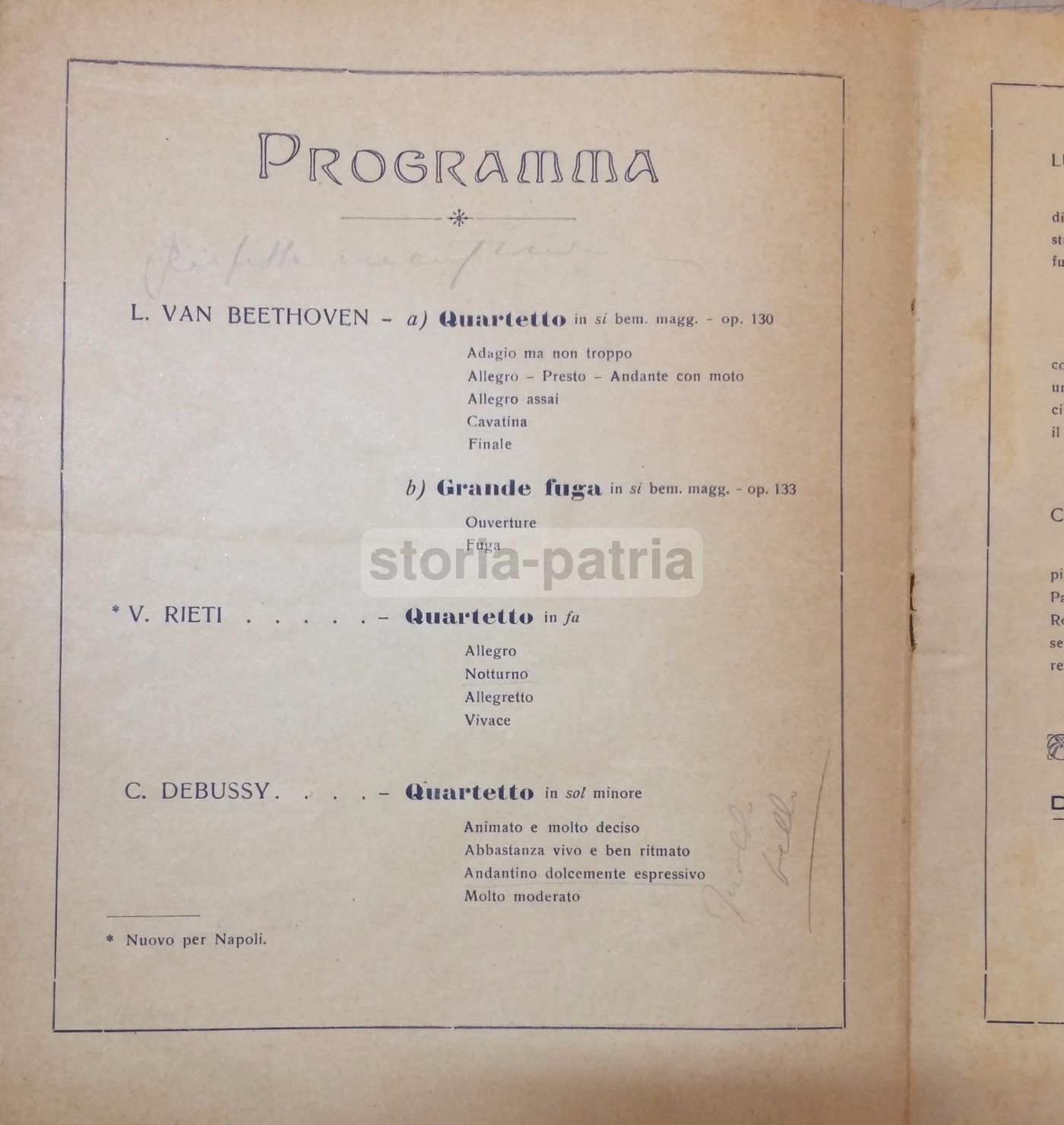 Programma Del Concerto Del Quartetto Pro Arte Di Bruxelles, Napoli, 1931