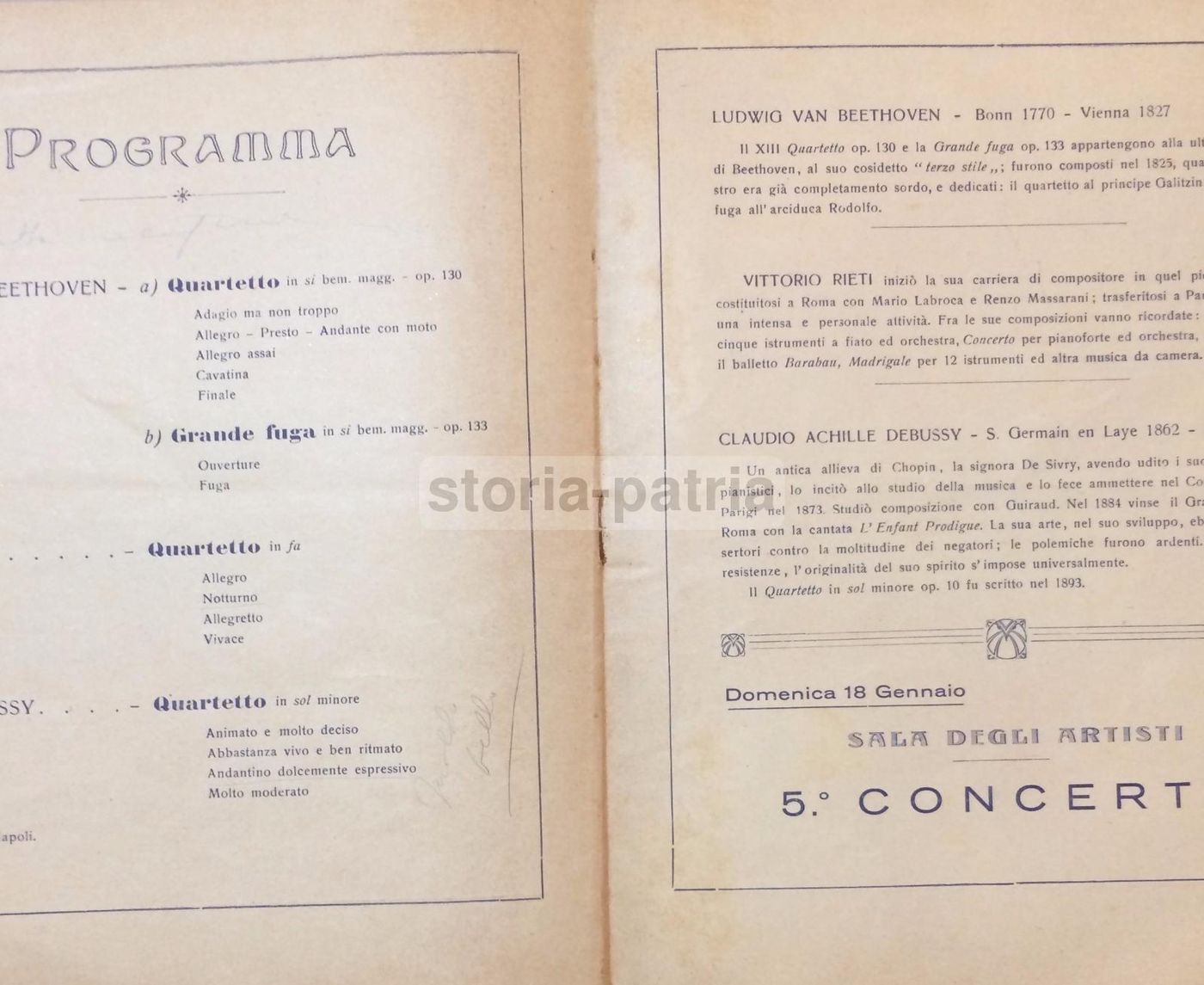 Programma Del Concerto Del Quartetto Pro Arte Di Bruxelles, Napoli, 1931