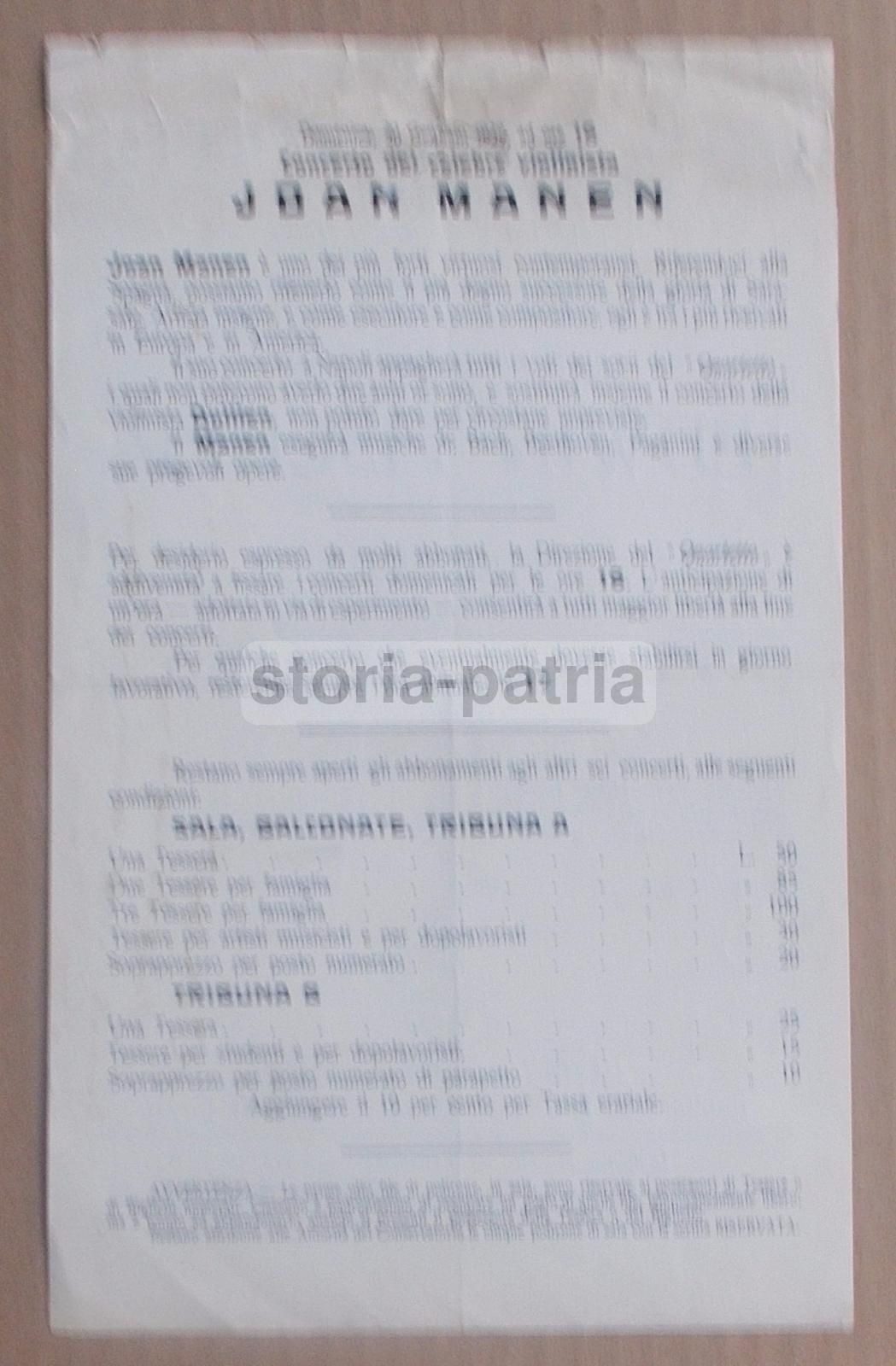 Locandina Concerto Edwin Fischer, Napoli 1929, Società Del Quartetto