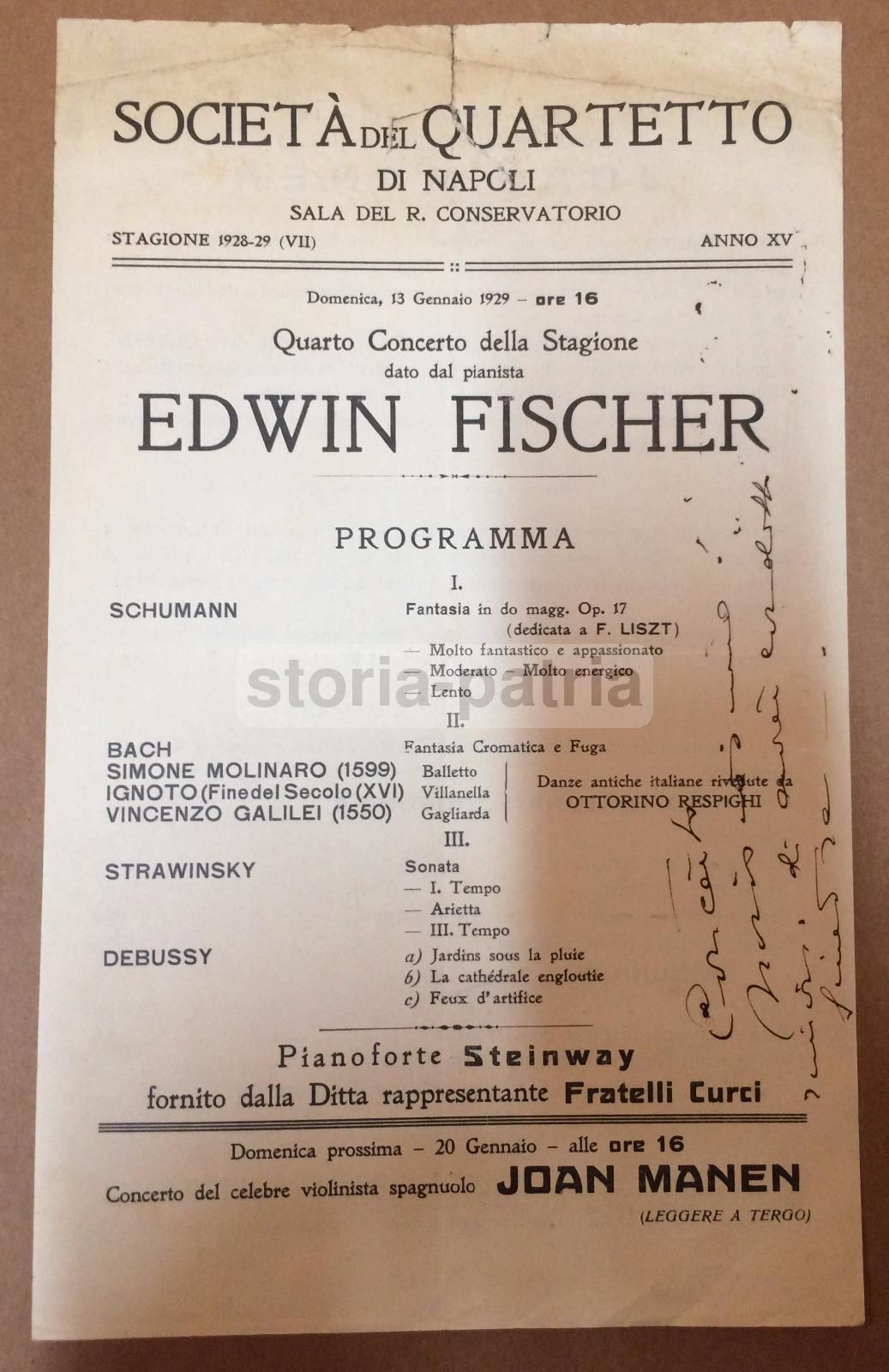 Locandina Concerto Edwin Fischer, Napoli 1929, Società Del Quartetto