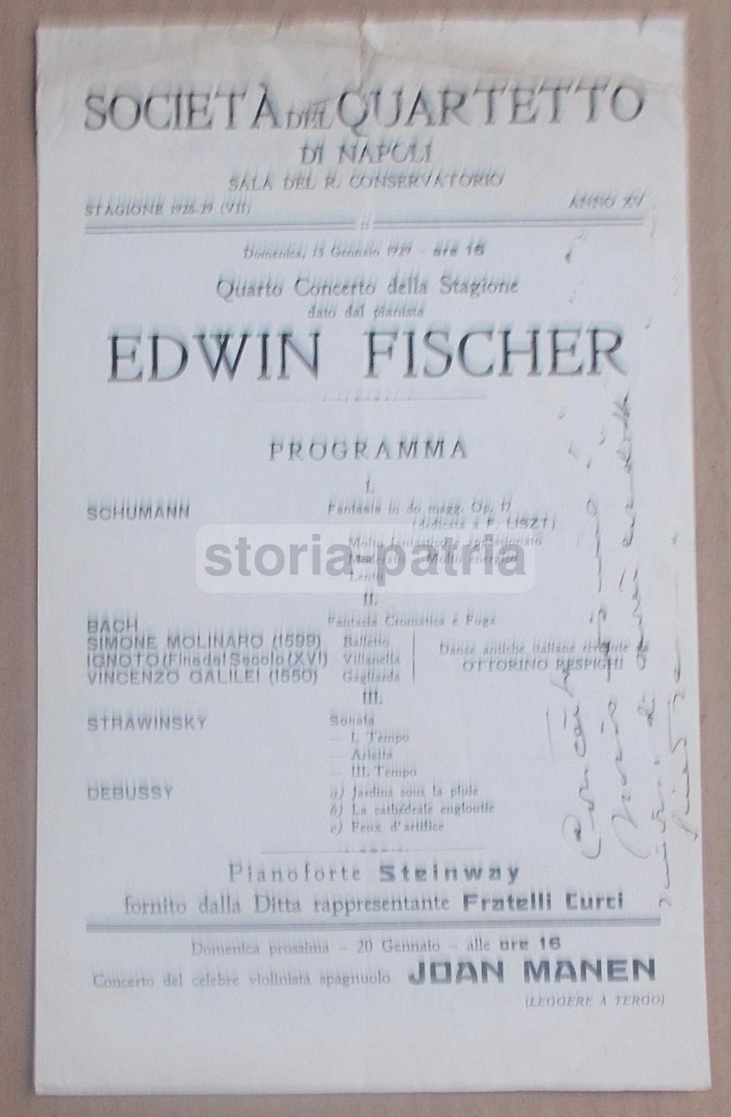 Locandina Concerto Edwin Fischer, Napoli 1929, Società Del Quartetto