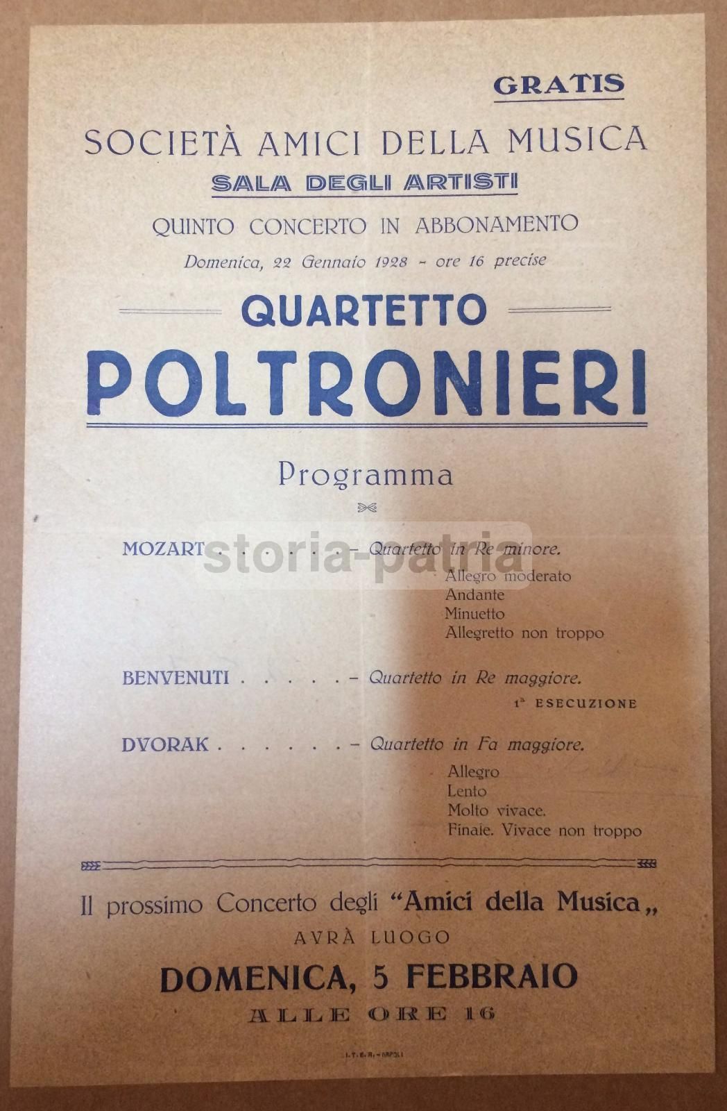 Programma Concerto Quartetto Poltronieri, Napoli 1928 (Mozart, Dvořák)
