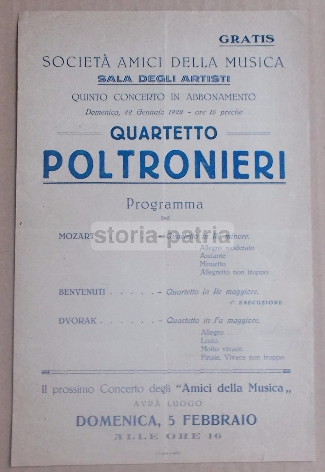 Programma Concerto Quartetto Poltronieri, Napoli 1928 (Mozart, Dvořák)