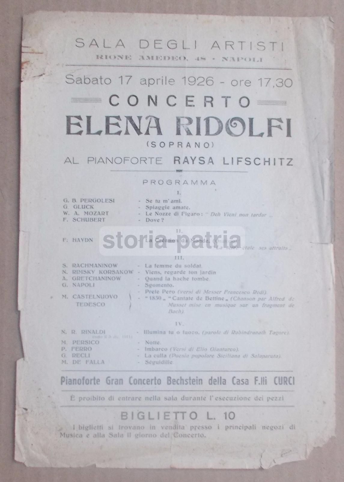Locandina Concerto Elena Ridolfi, Napoli 1926