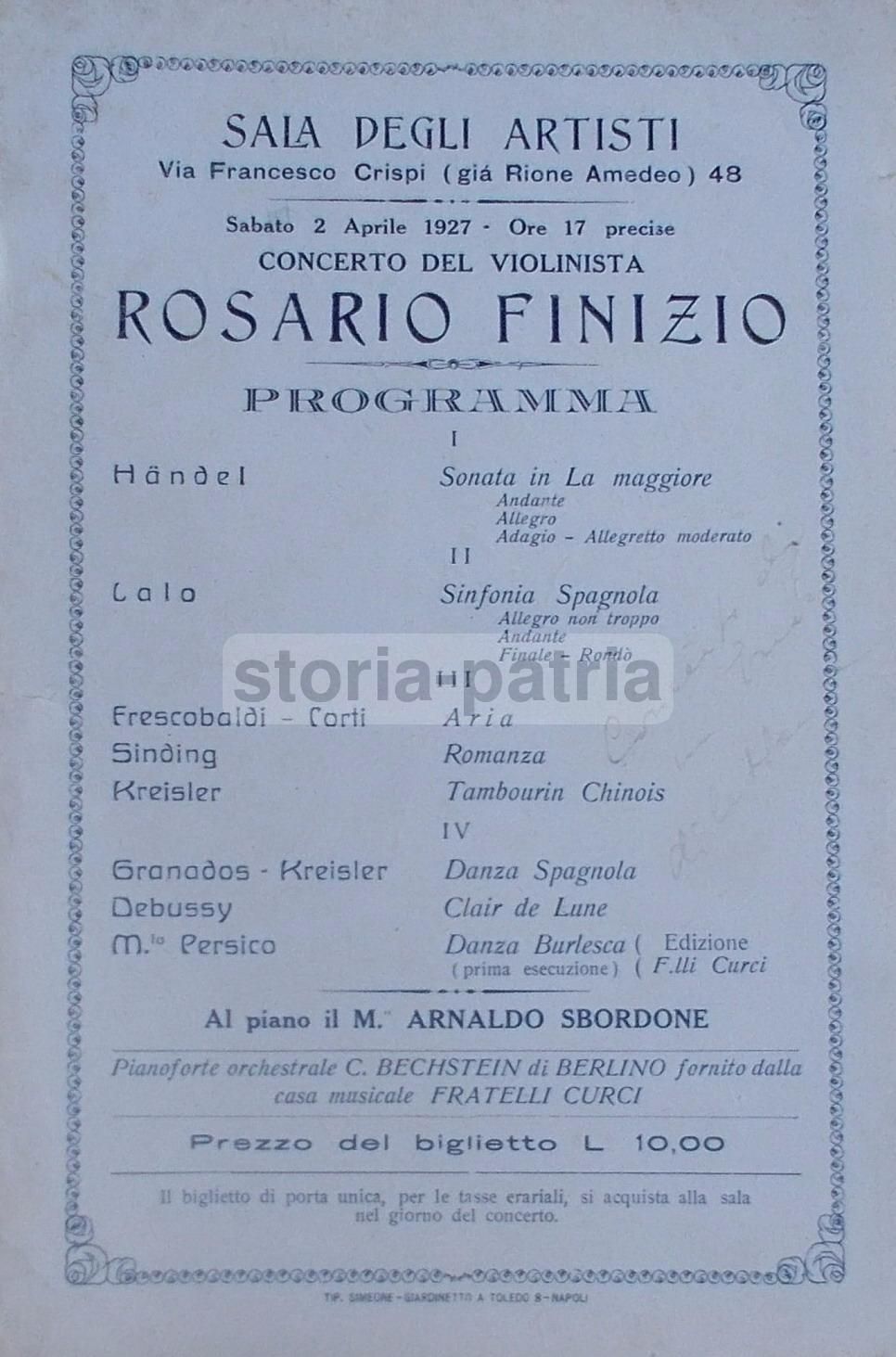 Locandina Concerto Violinista Rosario Finizio Napoli 1927