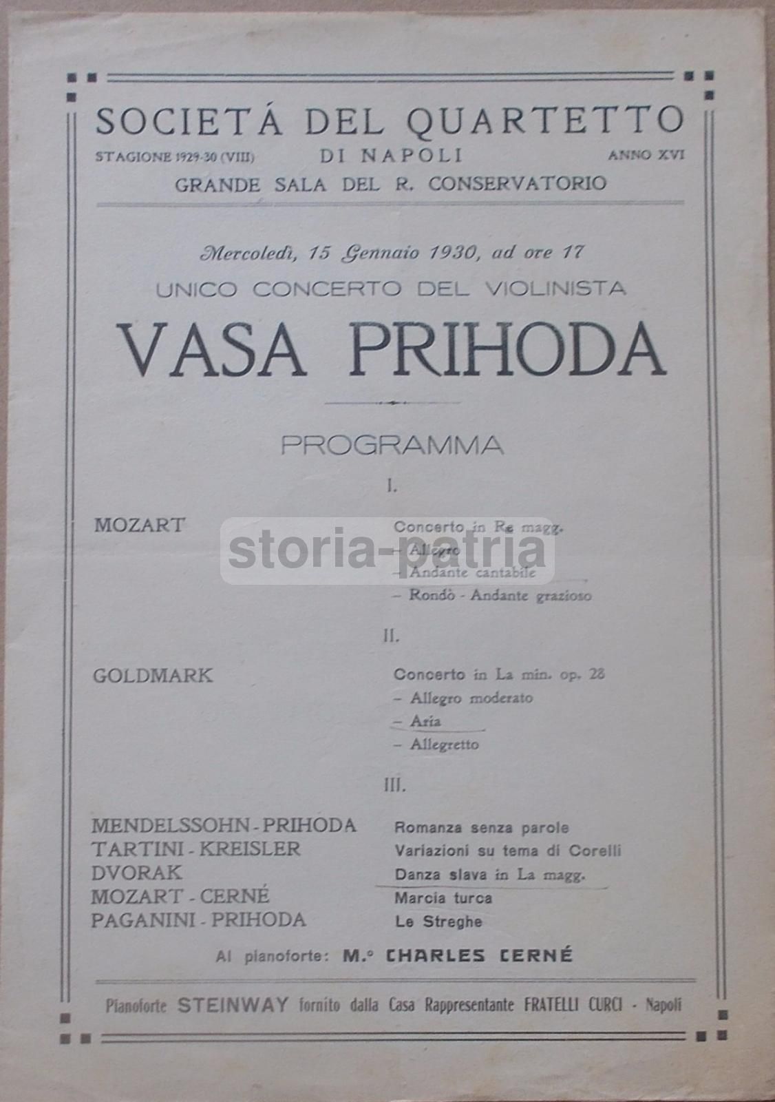 Concerto Vasa Prihoda, Napoli 1930. Volantino E Programma Musicale
