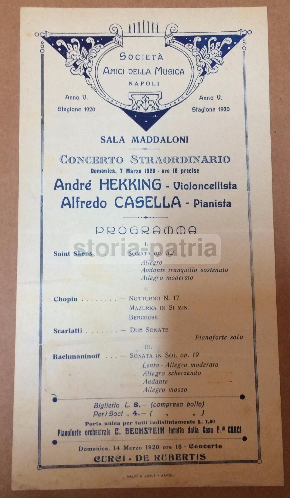 Locandina Concerto Hekking Casella, Napoli, 1920