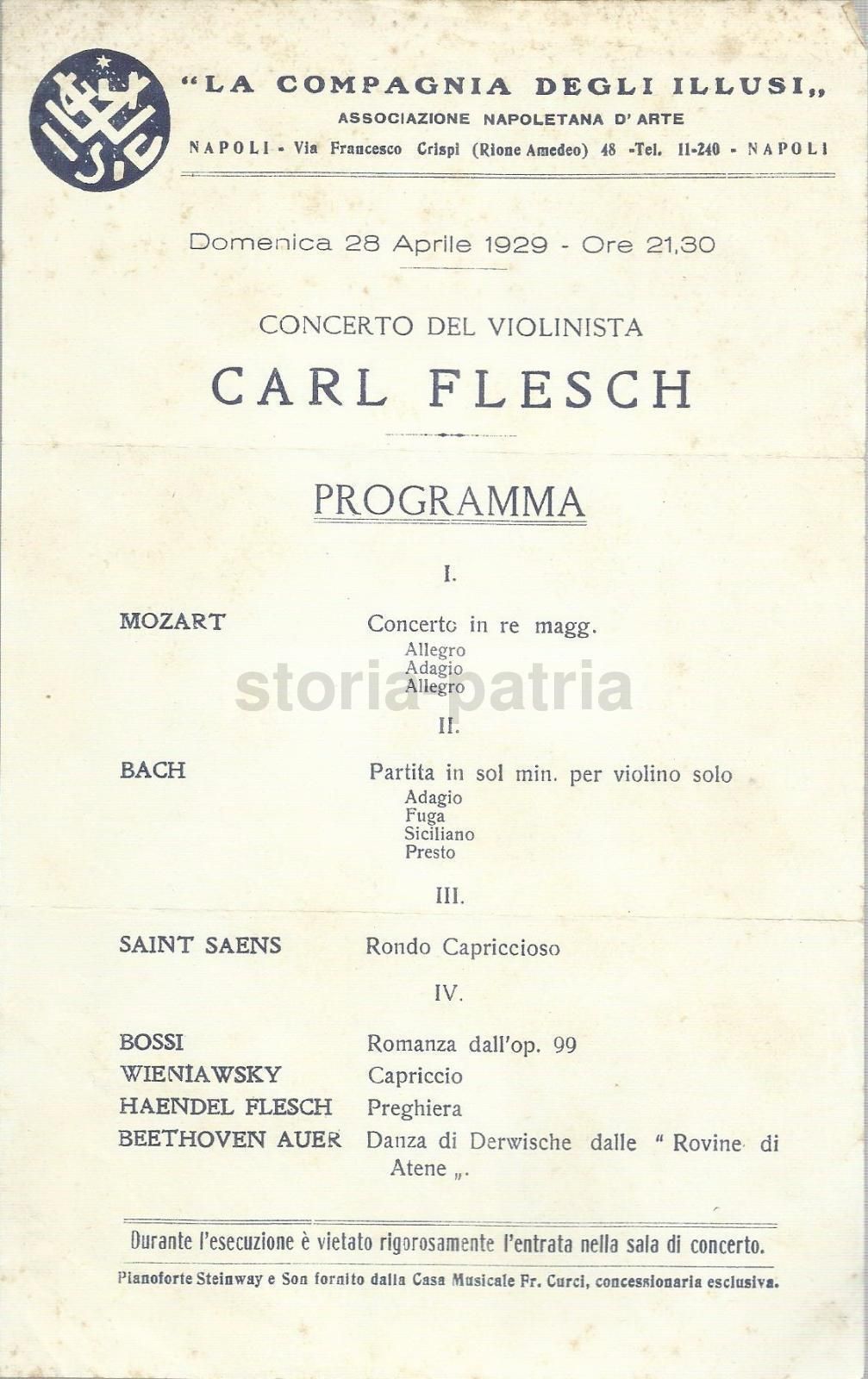Concerto Carl Flesch, Napoli 1929   Volantino Della Compagnia Degli Illusi
