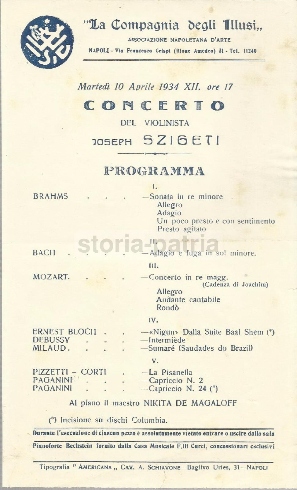 Concerto Szigeti, Napoli 1934   Compagnia Degli Illusi