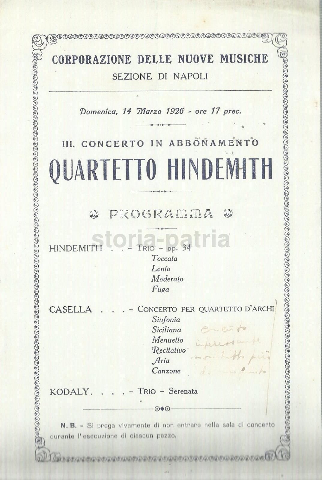 Manifesto Concerto Quartetto Hindemith, Napoli 1926