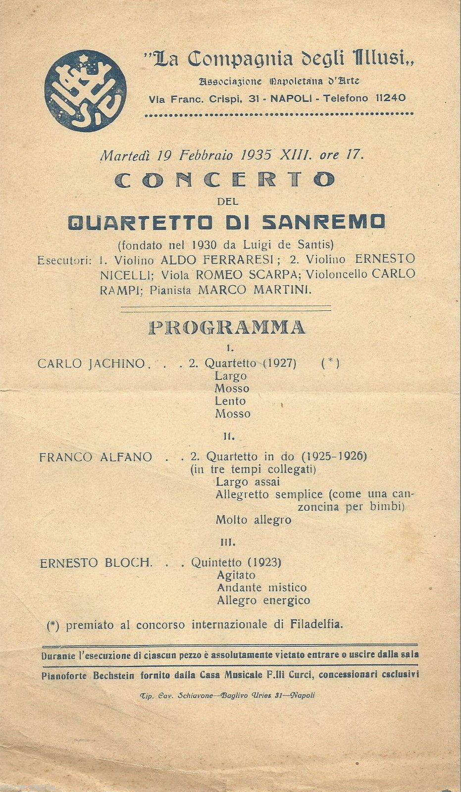 Concerto Del Quartetto Di Sanremo, Napoli 1935 (Jachino, Alfano, Bloch)
