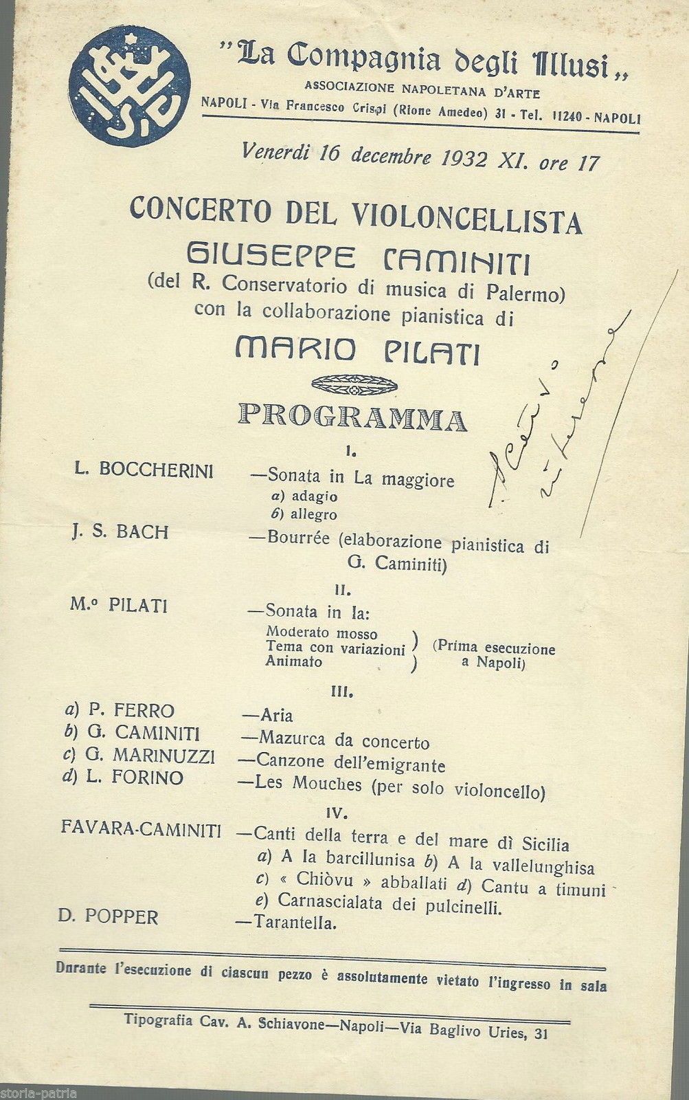 Locandina Concerto Caminiti, Napoli 1932, Compagnia Degli Illusi