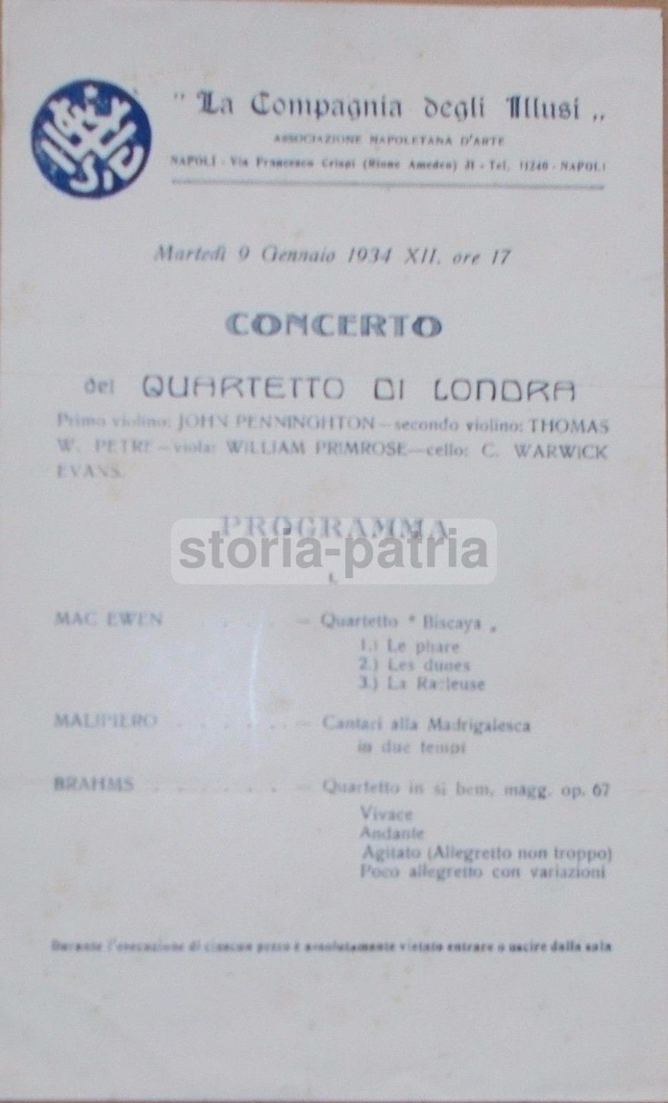 Concerto Quartetto Di Londra, Napoli 1934: Locandina Originale