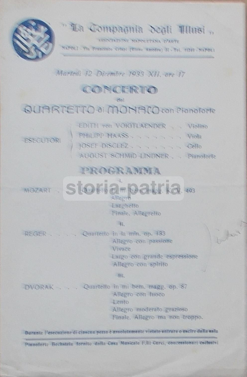 Locandina Concerto Quartetto Di Monaco, Napoli 1933