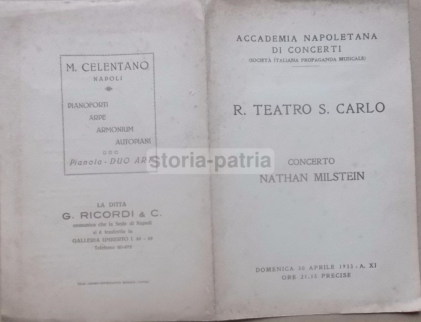 Programma Concerto Nathan Milstein Napoli Teatro San Carlo 1933