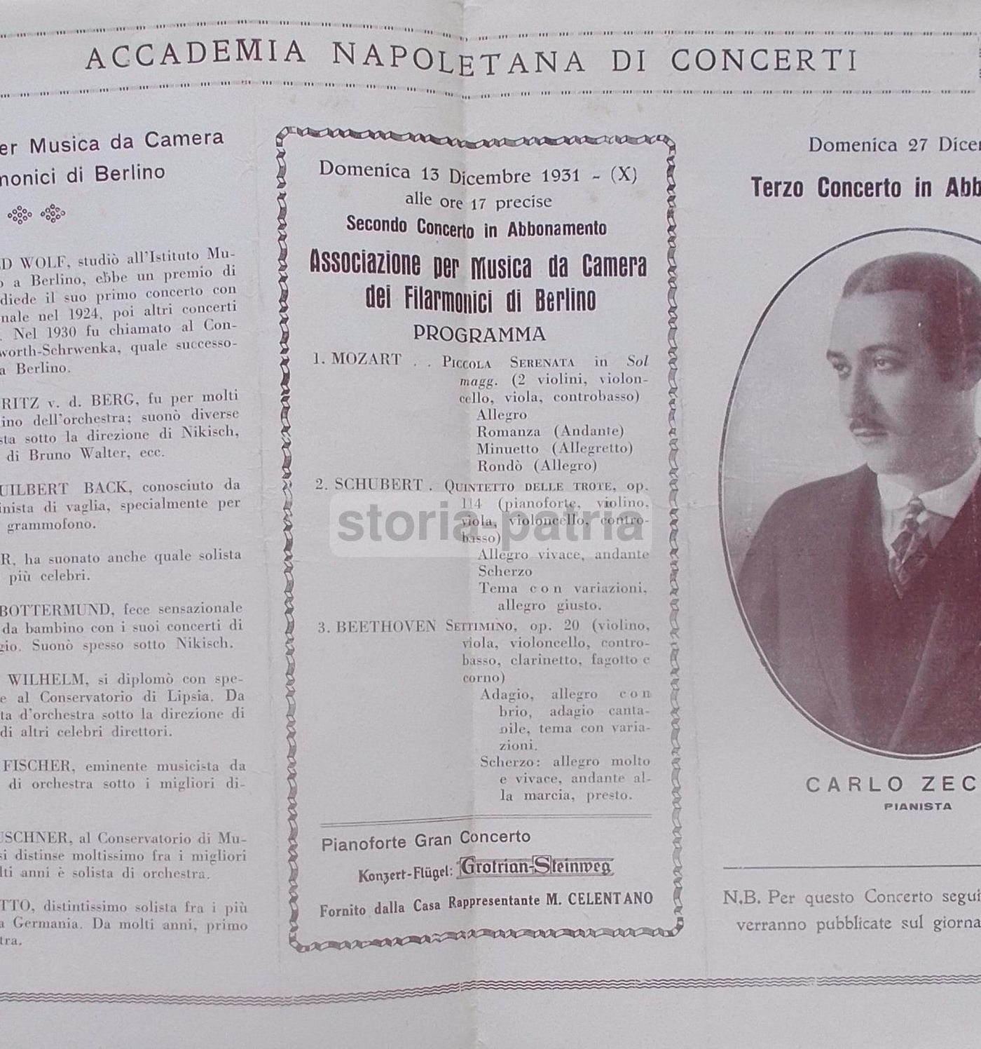 Programma Concerto Carlo Zecchi, Napoli, 1931, Conservatorio Di Musica