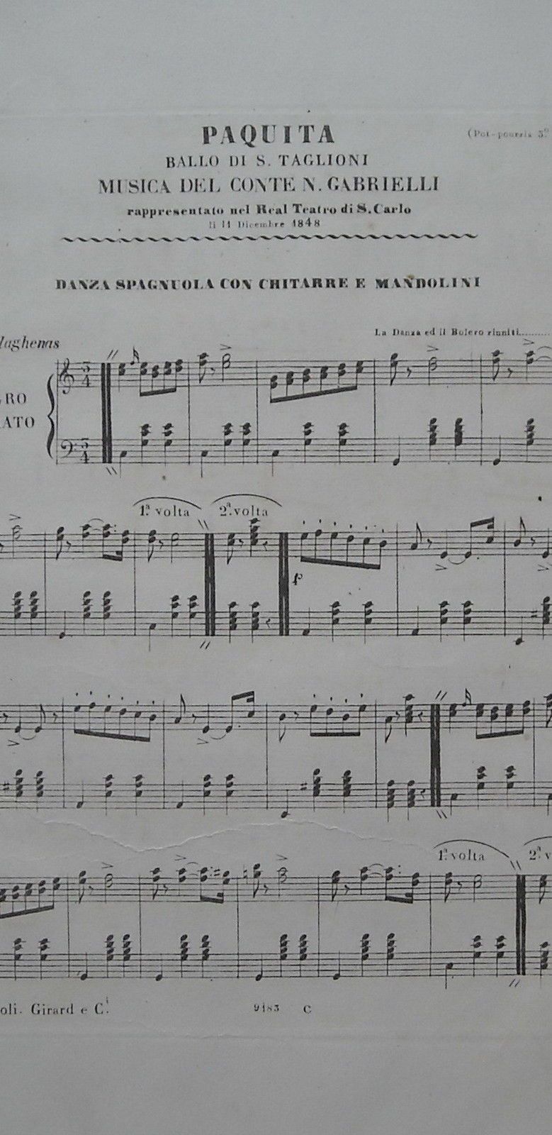 Paquita Taglioni 1848: Spartito Musicale Del Ballo, Teatro San Carlo, Napoli