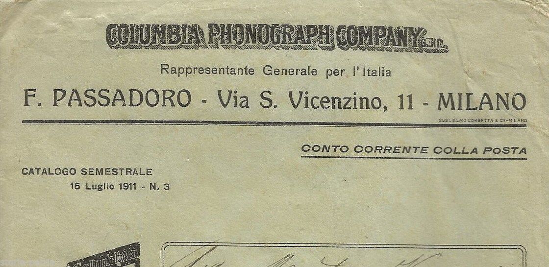 Busta Pubblicitaria Columbia Phonograph, F. Passadoro, Milano, 1911