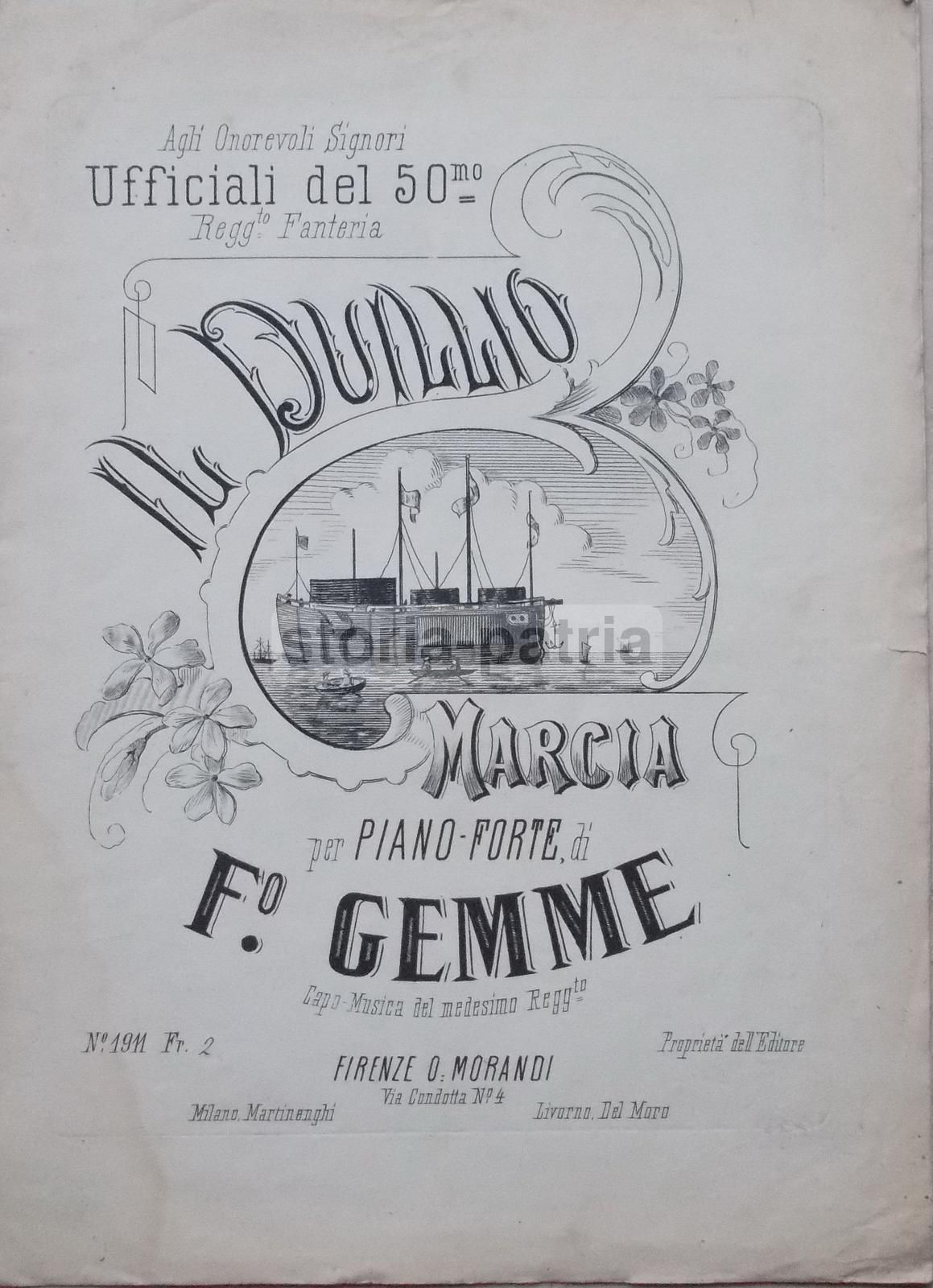 Il Duilio: Marcia Per Pianoforte Di Francesco Gemme, 50° Fanteria, Morandi, Fine '800