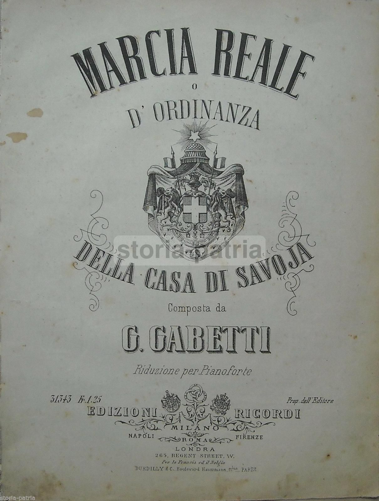 Marcia Reale Casa Savoia: Spartito Di G. Gabetti, Ricordi, Fine XIX Secolo