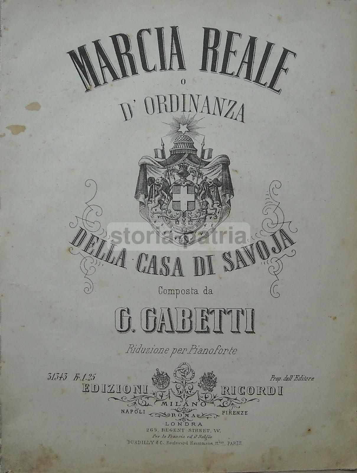 Marcia Reale Casa Savoia: Spartito Di G. Gabetti, Ricordi, Fine XIX Secolo