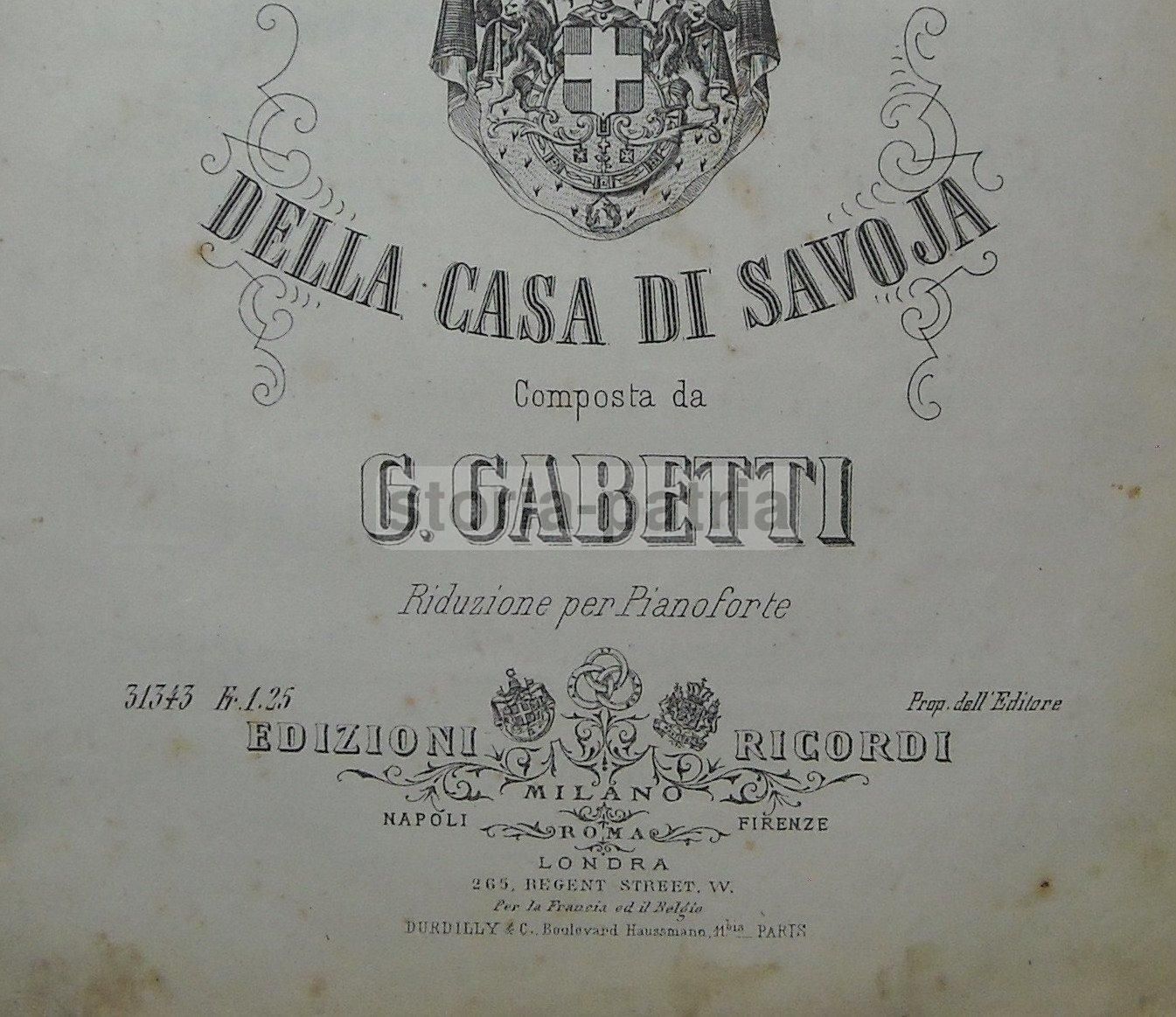 Marcia Reale Casa Savoia: Spartito Di G. Gabetti, Ricordi, Fine XIX Secolo