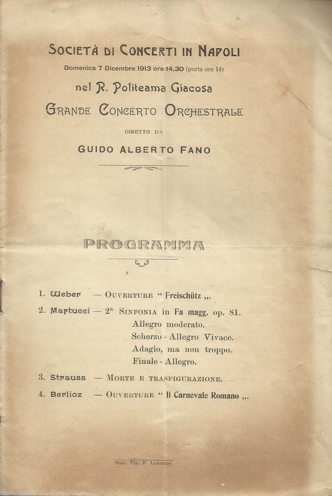 Programma Concerto Orchestra G.A. Fano Napoli Politeama 1913