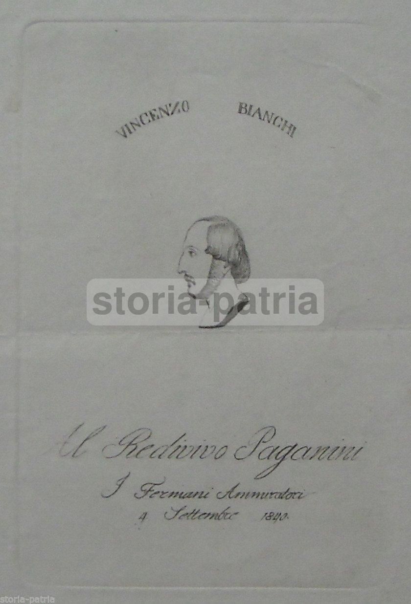 Incisione Vincenzo Bianchi, "Al Redivivo Paganini", Fermo, 1840
