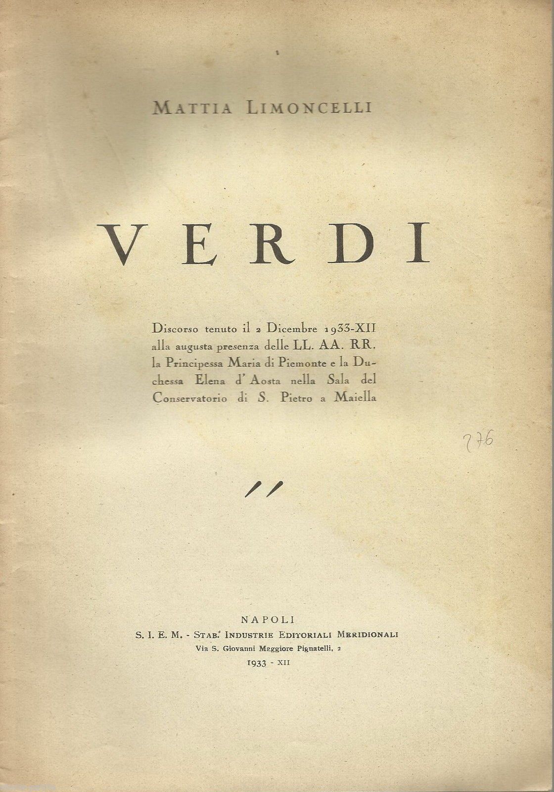 Commemorazione Di Giuseppe Verdi Di Mattia Limoncelli, Napoli 1933