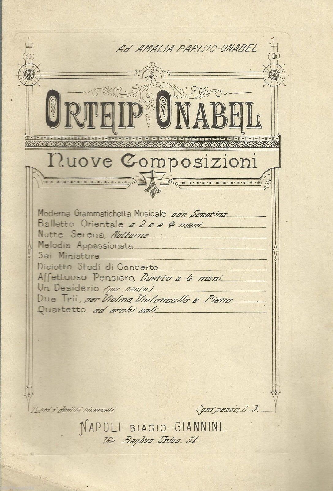 Spartito Musicale Antico: Pietro Lebano, "Sei Miniature", Napoli, Fine '800