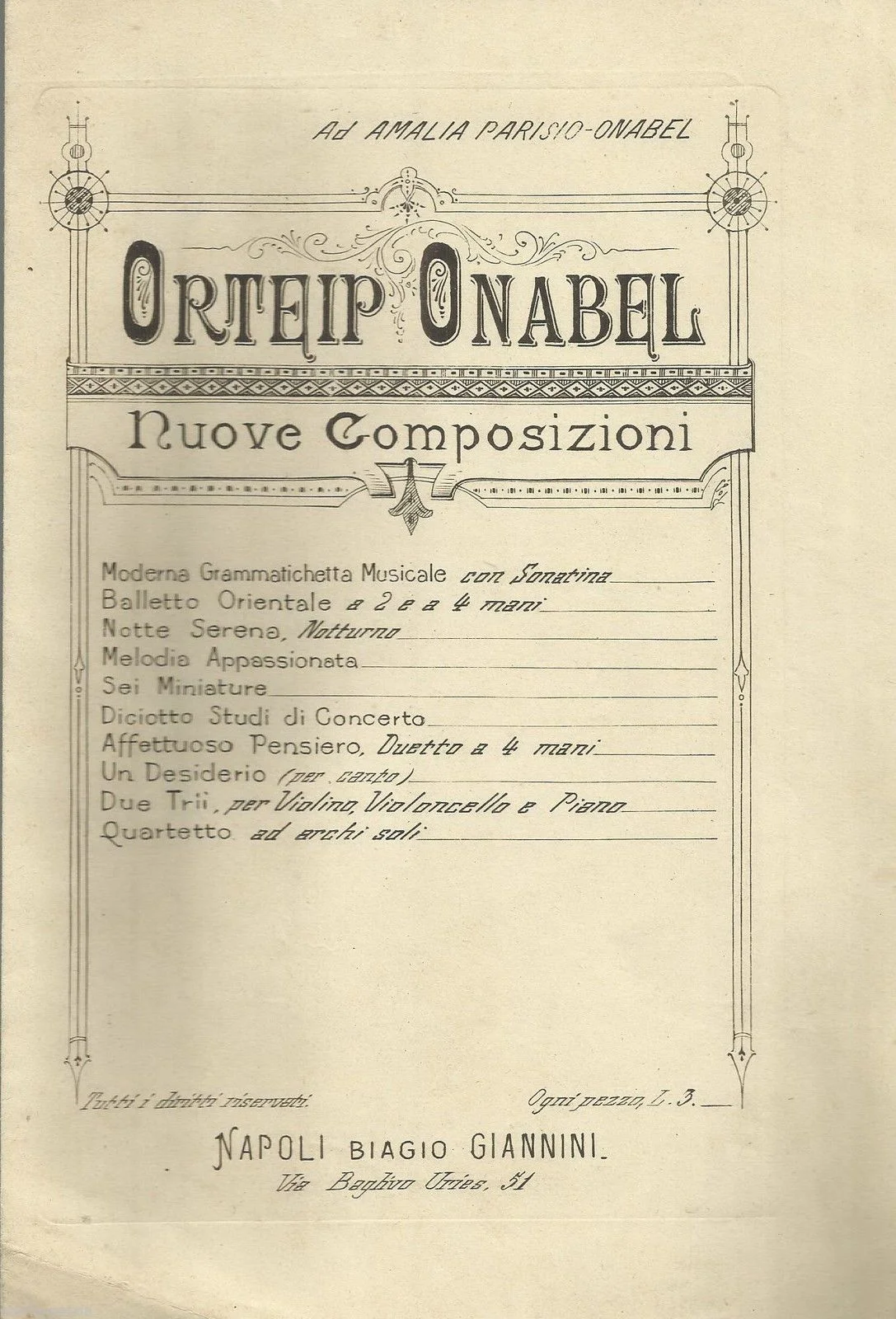 Antique Music Score: Pietro Lebano, "Sei Miniature", Naples, Late 1800s
