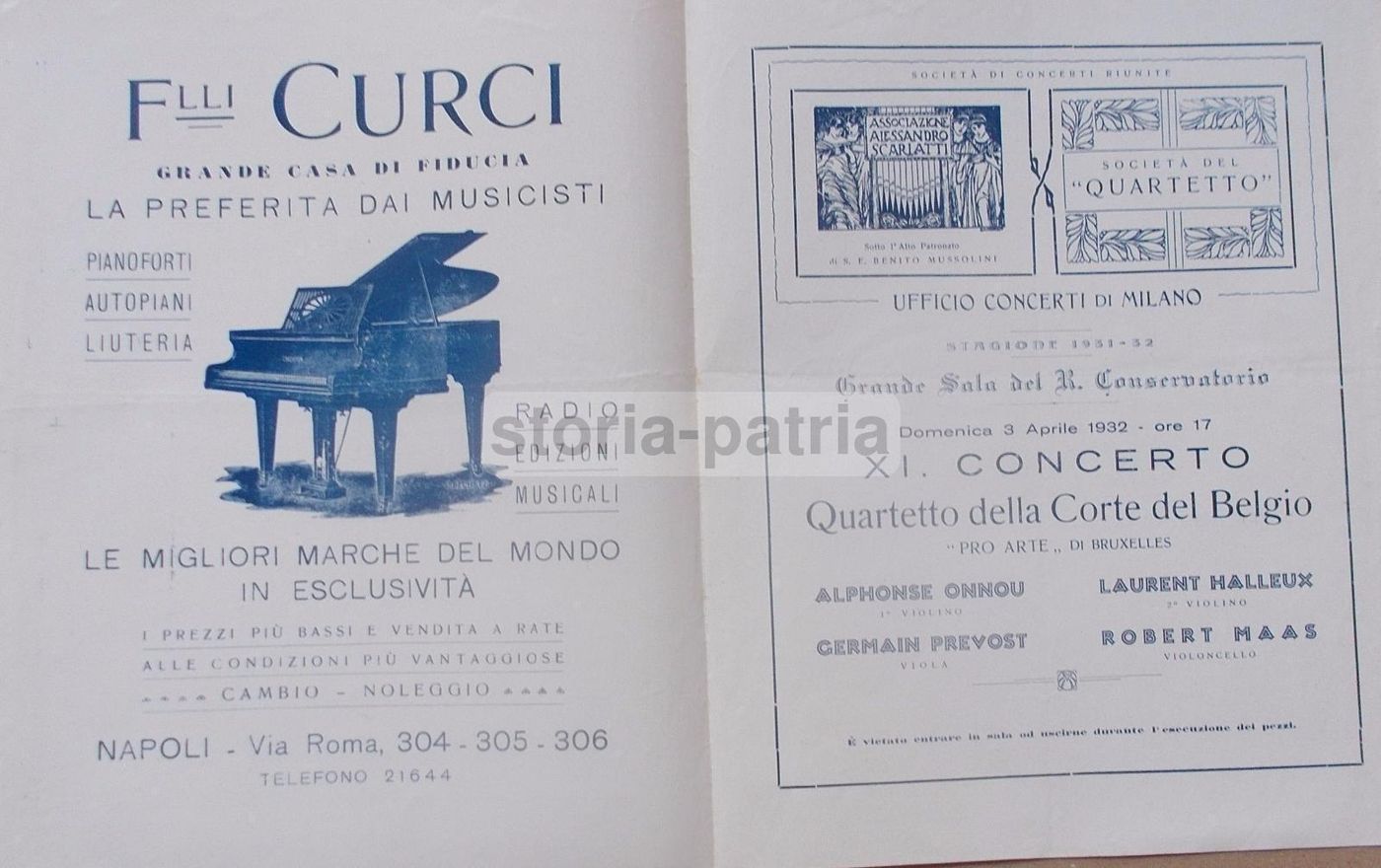 Volantino Casa Editrice Curci Napoli 1932 Quartetto Corte Belgio
