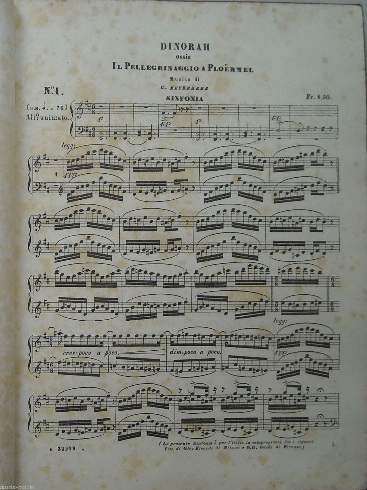 Spartito Antico: Dinorah Di Meyerbeer, Riduzione Per Pianoforte, Ricordi, 1873