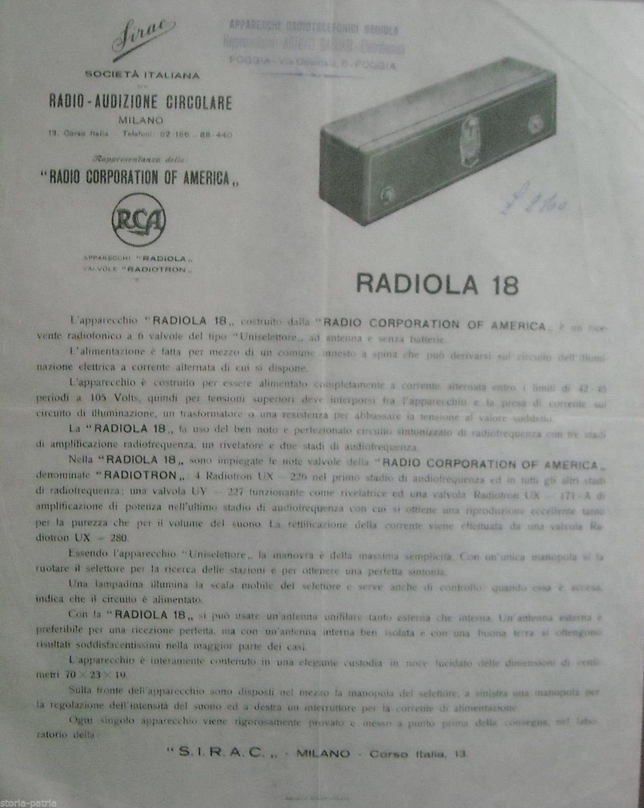 Radiola 18 RCA Sirac Milano: Pubblicità Vintage Anni '30 Radio
