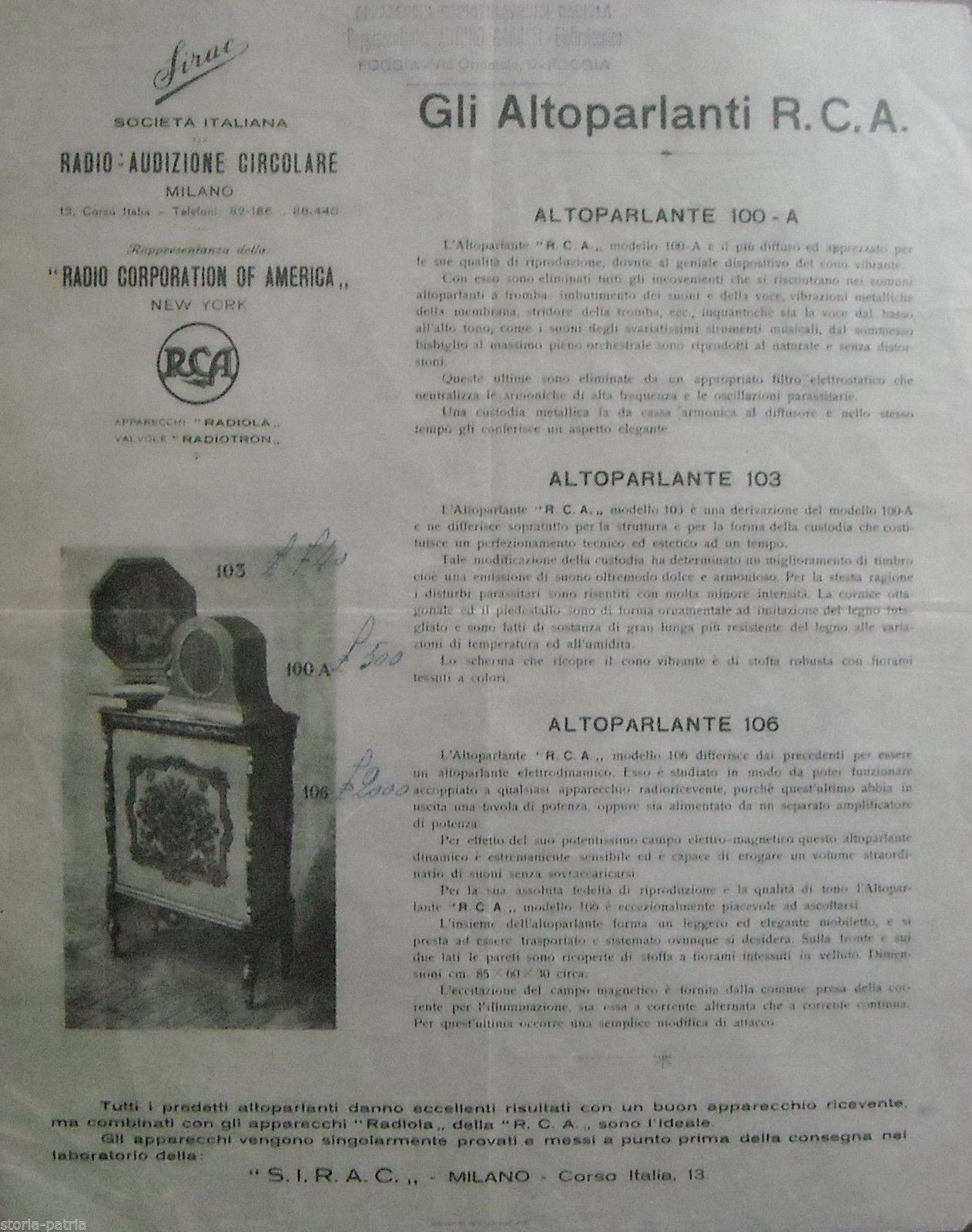 Volantino Pubblicitario Altoparlanti RCA SIRAC, Anni '30