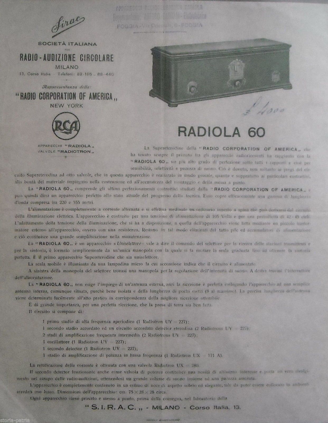 Pubblicità Radiola 60 RCA Sirac Milano, Anni '30